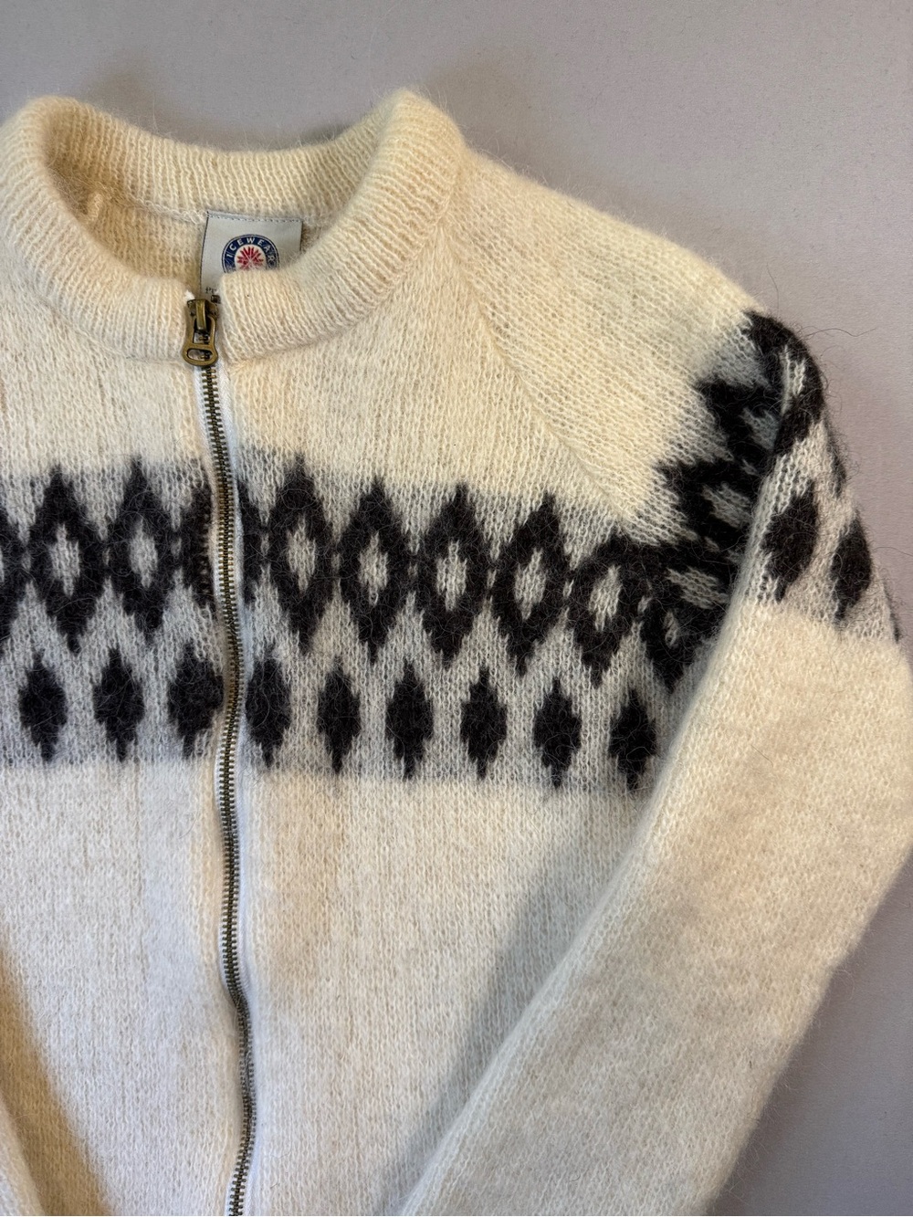 Icewear Cream and Black Zip-Front Fair Isle 100% Icelandic Wool Sweater, Sz S
